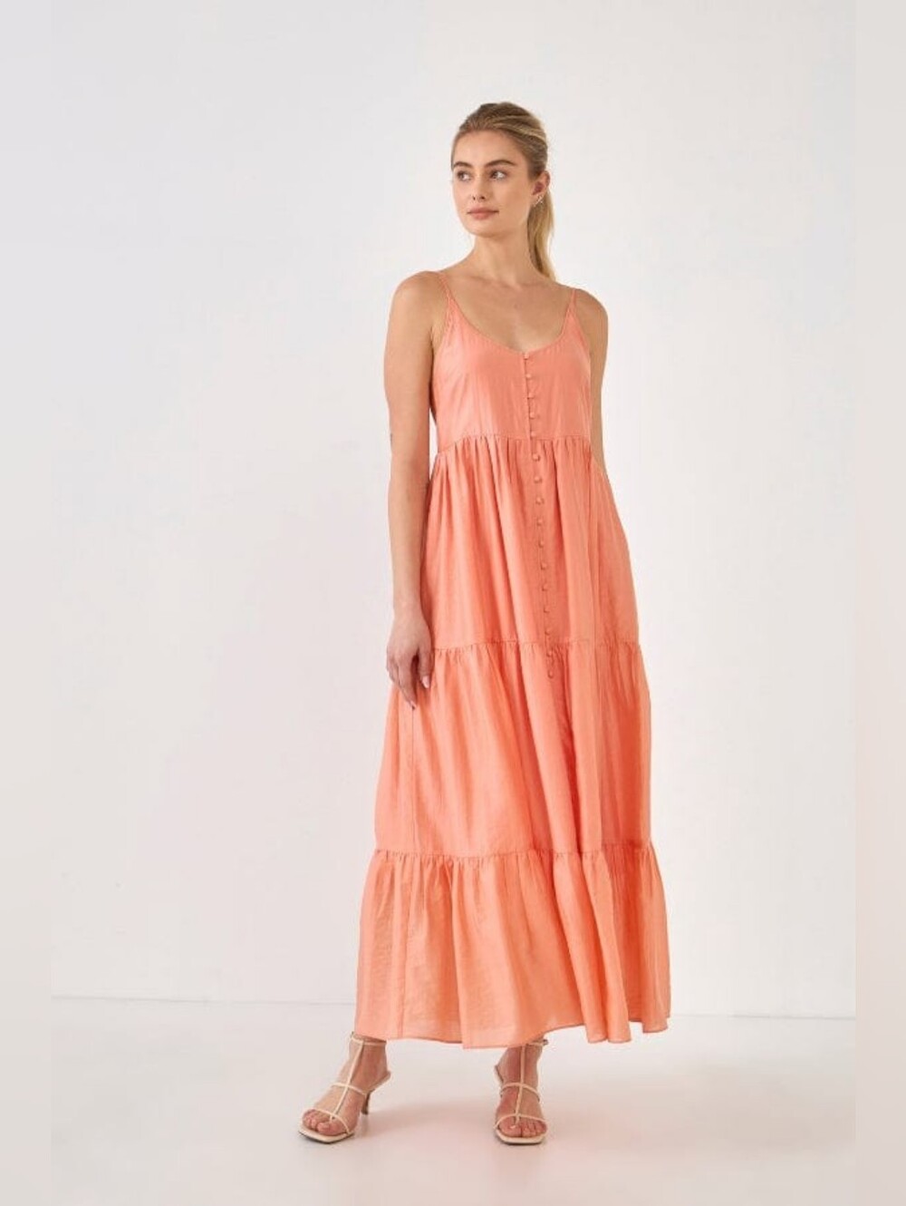 💫 Endless Rose Feminine Boho Coral Tiered  Dress Button Detail Size Small NWT - Picture 3 of 7